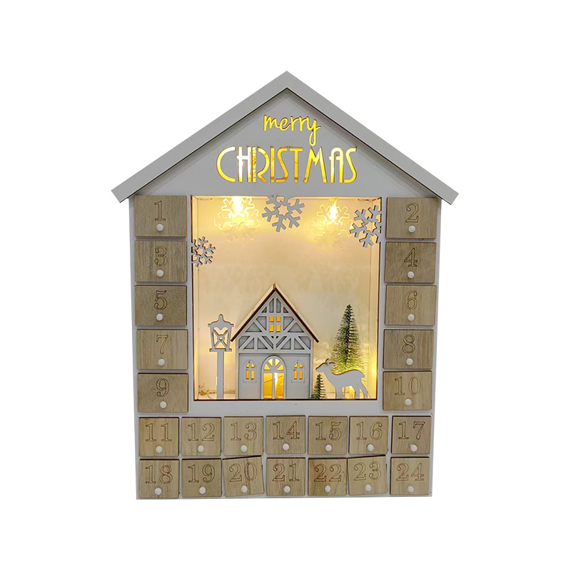 Beleuchteter Holz-Adventskalender mit Dorf-Hirsch-Szene für Kinder-Weihnachtsgeschenk-Dekoration